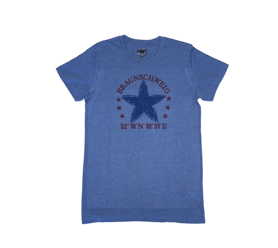 Blaues T-Shirt mit Stern und Braunschweig Koordinaten