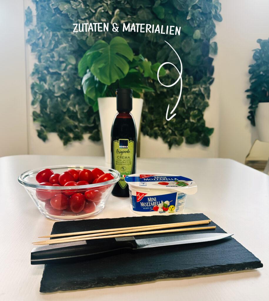 Zutaten und Materialien für Caprese-Spieße