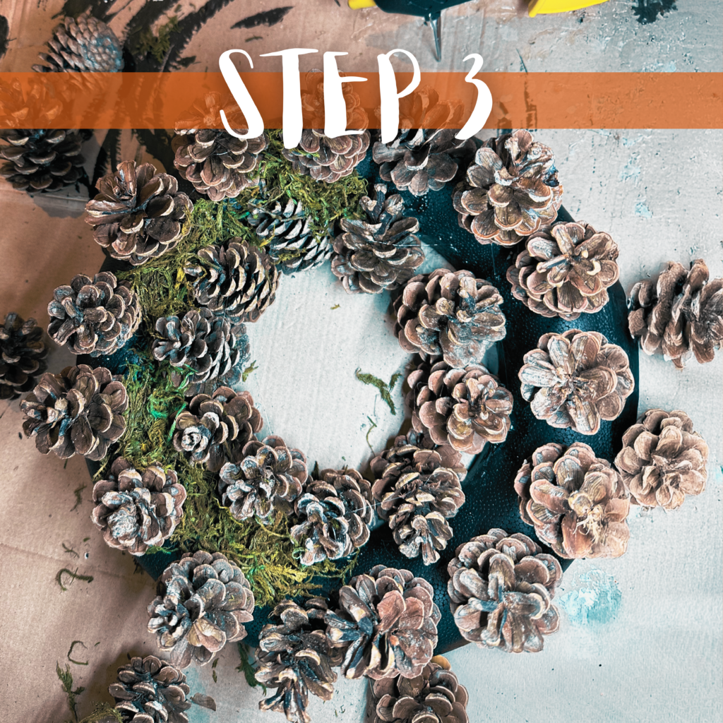 Zwischen die bereits befestigten Tannenzapfen wird Moos geklebt, um den Türkranz zu füllen und grün zu gestalten